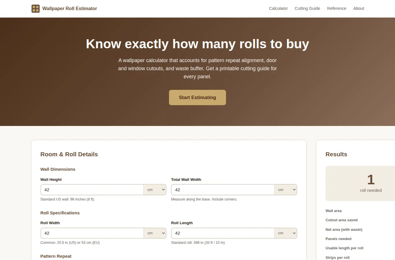 Screenshot of Wallpaper Roll Estimator with Pattern Repeat interface showing the project page in use